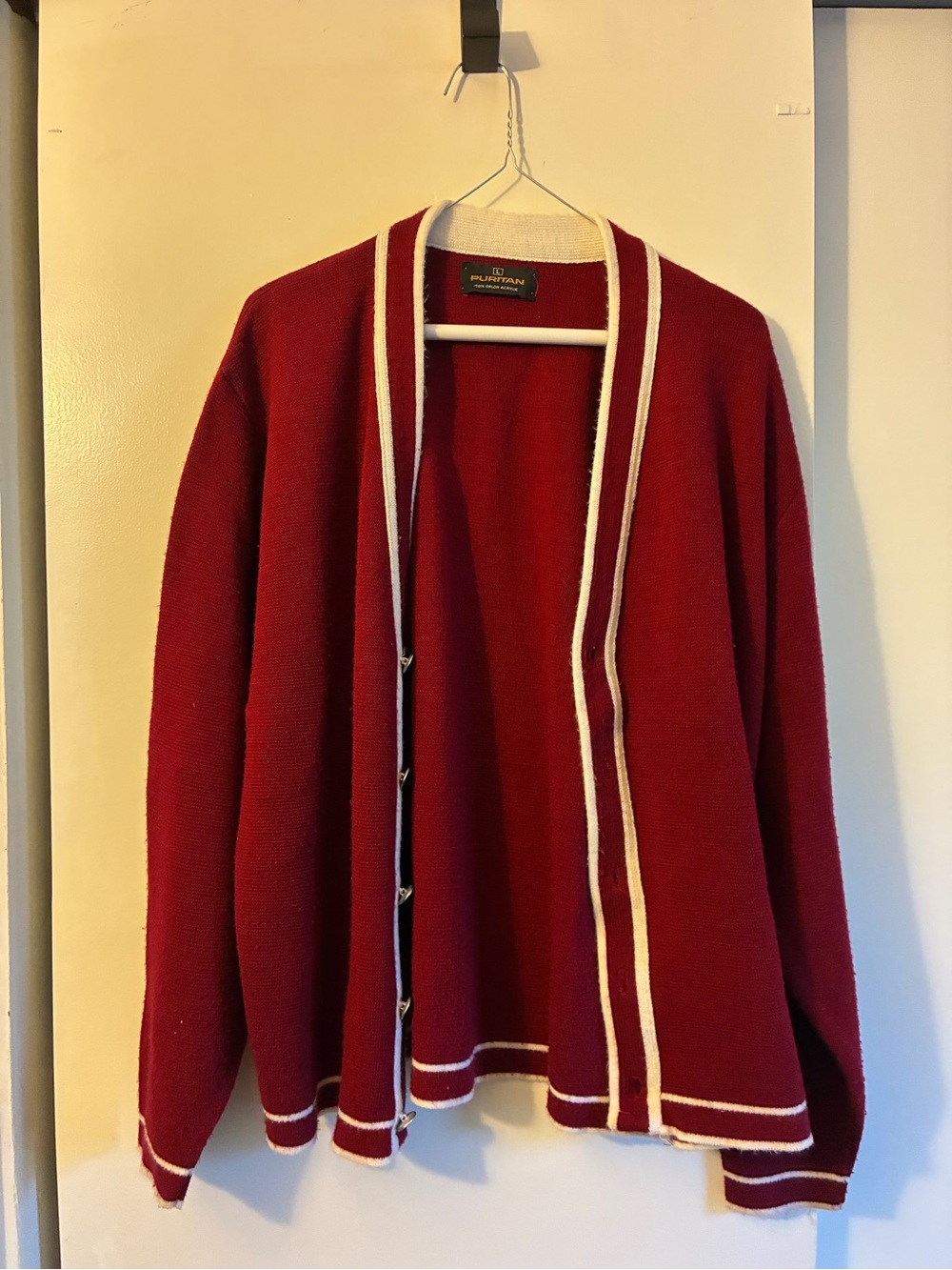 Puritan Red Cardigan Sweater with Cream Contrast Trim - Picture 3 of 3